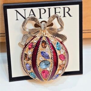 NAPIER Christmas Holiday Bejeweled Tree Filigree Bow Ornament Brooch Pin NEW NWT